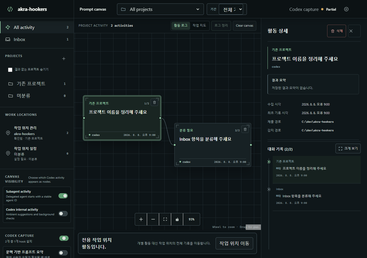 왼쪽 프로젝트 탐색, 중앙의 연결된 활동 노드, 오른쪽 활동 상세가 함께 표시된 Akra Hookers 실제 대시보드